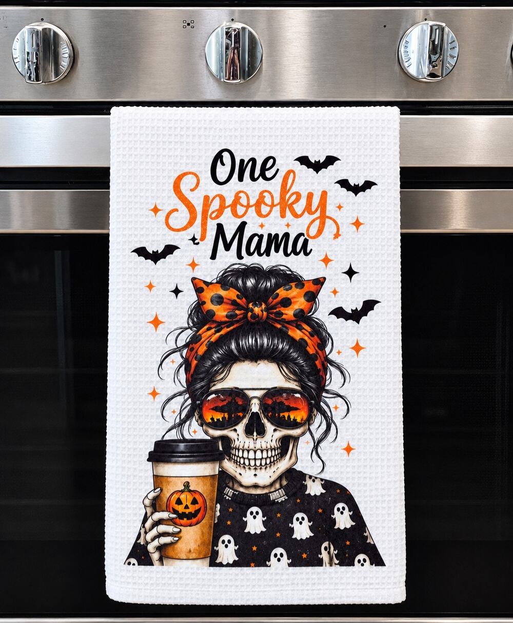One Spooky Mama Halloween Kitchen Towel Skeleton Coffee Ghost Decor